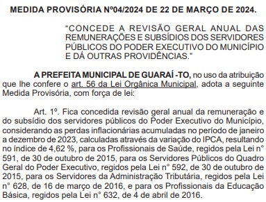 Câmara valida MP que instituiu data base de 4,62% para todos os servidores municipais de Guaraí